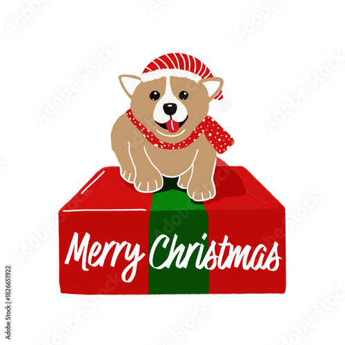 Christmas Puppy Illustration – Cute Santa Dog on Gift Box