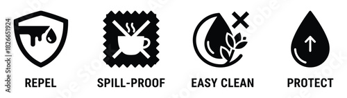 Set of repel, spill-proof, easy clean, and protect vector icons for various surfaces and materials
