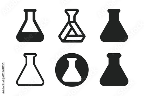 Flask Logo Variations. Flasks. Icon set. Set Logo of flasks: conical Erlenmeyer flask. harmonious logo variations of the same emblematic concept, each with
