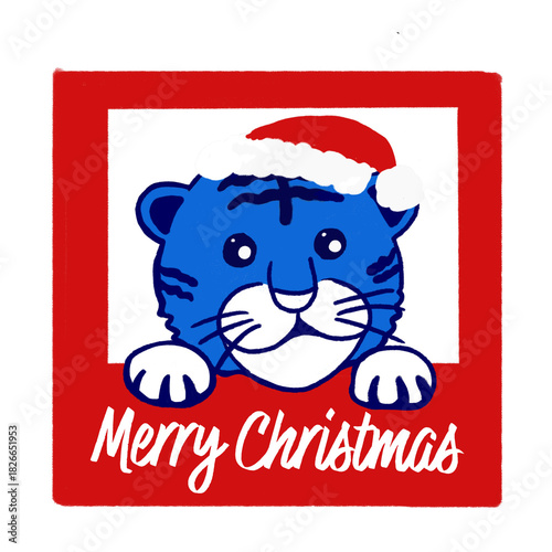 Christmas Tiger Illustration – Cute Blue Santa Tiger with Merry Christmas Text