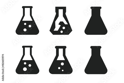 Flask Logo Variations. Flasks. Icon set. Set Logo of flasks: conical Erlenmeyer flask. harmonious logo variations of the same emblematic concept, each with