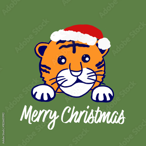 Christmas Tiger Illustration – Cute Santa Tiger with Merry Christmas Text