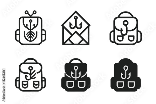 Fly Fishing Icons. Fly fishing and outdoor adventure. Icon set. Set Logo of backpack. harmonious logo variations of the same emblematic concept (Symmetrical