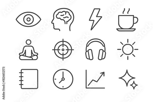 Focus Icons Set. Focus enhancement. Line icon set of focus enhancement: eye, brain, lightning bolt, coffee cup, meditation pose, target, noise cancel