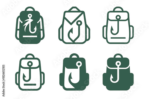 Fly Fishing Icons. Fly fishing and outdoor adventure. Icon set. Set Logo of backpack. harmonious logo variations of the same emblematic concept (Symmetrical