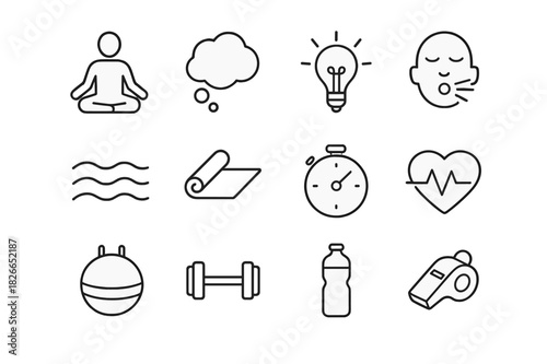 Focus & Flow Icons. Focus & Flow. Line icon set of Focus & Flow: meditation pose, thought bubble, idea bulb, breathing exercise, calm waves, yoga
