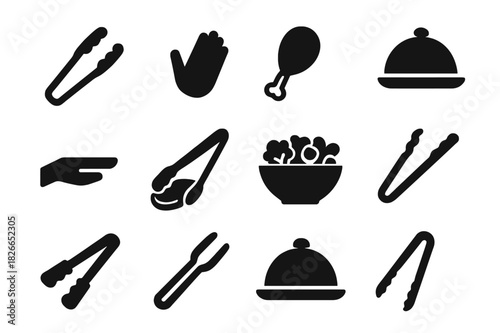 Food Handling Icons. Food handling. Solid icon set of Food handling: tongs, hand icon, food item, plate, tray, grip icon, salad, meat, serving, heat-resistant