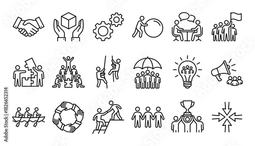 Set of teamwork cooperation black line vector icons isolated on white background handshake group of people holding cube gears working together discussion puzzle piece climbing ladder umbrella