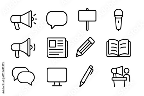 Free Speech Icons. Free Speech. Line icon set of Free Speech: megaphone, speech bubble, protest sign, microphone, loudspeaker, newspaper, pencil, open book,