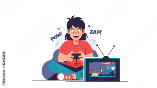 Young person enthusiastically playing a retro video game on a vintage television, enjoying action