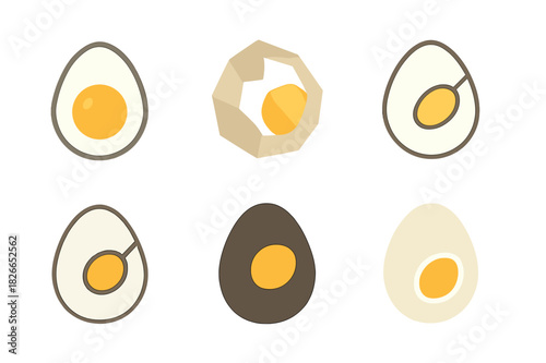 Fresh Eggs Icons. Fresh Eggs. Icon set. Set Logo of fresh eggs: cracked egg with yolk. harmonious logo variations of the same emblematic concept, each with