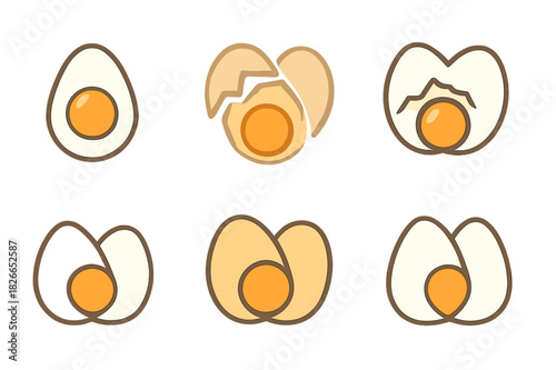 Fresh Eggs Icons. Fresh Eggs. Icon set. Set Logo of fresh eggs: cracked egg with yolk. harmonious logo variations of the same emblematic concept, each with
