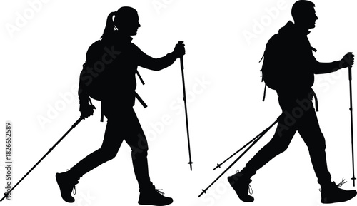 Active couple silhouette hiking with backpacks and walking poles isolated on white background vector illustration for outdoor adventure travel and Nordic walking sport concept.