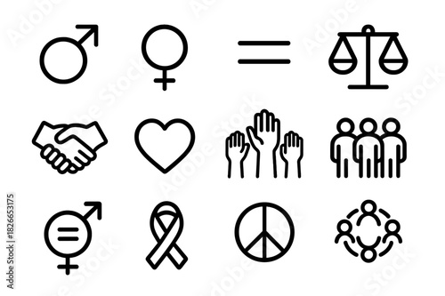 Gender Equality Icons. Gender equality. Line icon set of gender equality: male symbol, female symbol, equal sign, balance scale, handshake, heart, raised