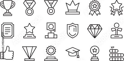 Education and academic achievement icon set. Vector glyph pictograms of graduation cap, award crown, certificate badge, shield symbol, student success, school learning, study elements and academic bla