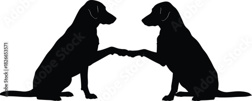 Black and white vector silhouette illustration of two dogs sitting facing each other shaking paws representing friendship and agreement on isolated white background design.