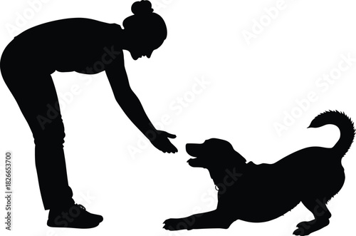 Black and white vector silhouette of woman reaching hand to play with dog isolated on white background for pet training and friendship design concept.