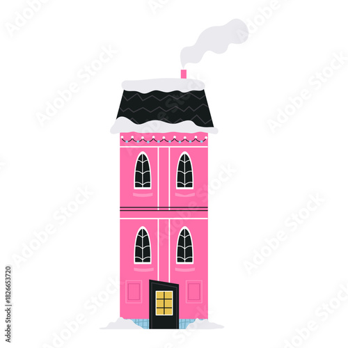 Cute Cartoon Pink Christmas House Facade with Snow, Black Roof, and Arch Windows