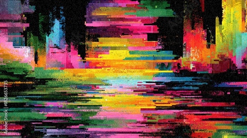 Neon glitch art visuals with distorted color overlays, pixel fragments, and futuristic abstract effects for digital design and tech expression