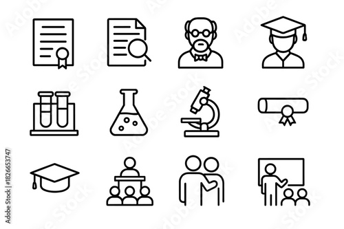 Graduate Icons Set. Graduate studies. Line icon set of graduate studies: thesis, research paper, professor, student, laboratory, laboratory flask, microscope,