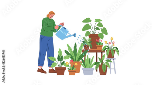 Engaged in a calming hobby, a person meticulously waters a collection of vibrant potted indoor plants, fostering a lush home garden