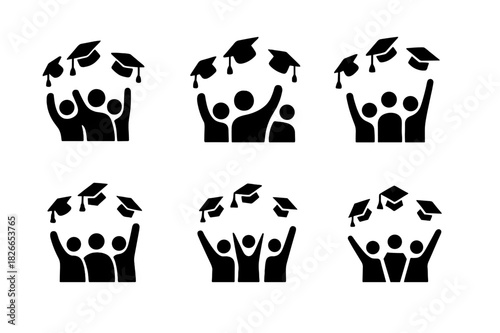 Graduation Cap Icons. Graduation cap toss. Icon set. Set Logo of graduation cap toss: group of students tossing caps. harmonious logo variations of the same