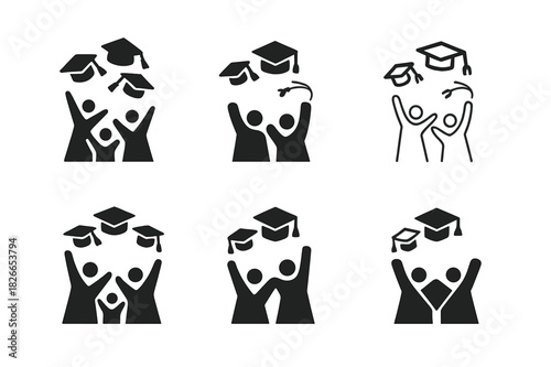 Graduation Cap Icons. Graduation cap toss. Icon set. Set Logo of graduation cap toss: group of students tossing caps. harmonious logo variations of the same