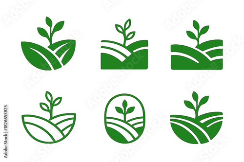 Grassland Rehabilitation Logos. Grassland rehabilitation. Icon set. Set Logo of grassland rehabilitation: Rolling hills with new growth. harmonious logo