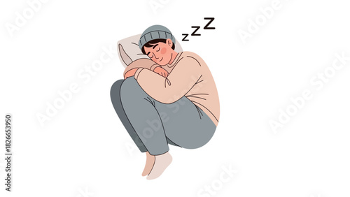 Man Sleeping in Fetal Position with Zzz Symbols, Cozy Rest, Cartoon style