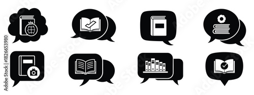 Speech bubble with global book and open book with checkmark icon set vector illustration