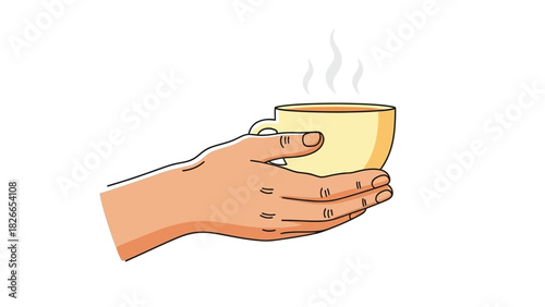 Hand holding a steaming cup of beverage. Whisk_9072a398eeb32e8b16743fd154f1a78ddr