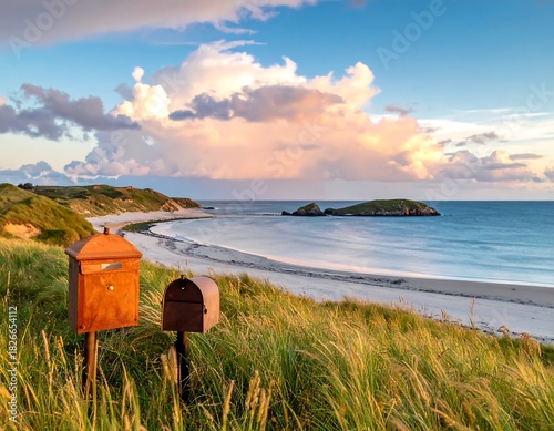 Fototapeta Naklejka Na Ścianę i Meble -  Two mailboxes stand by grassy dunes overlooking sandy beach, ocean, and distant islands under a pink-tinged cloudy sky