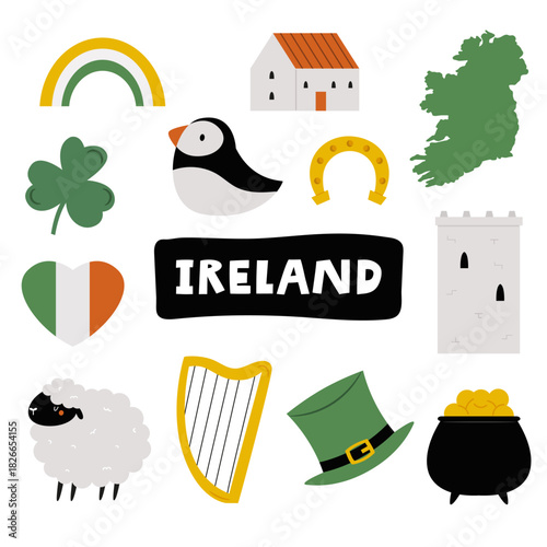 Cute Ireland Design with Icon Set. Irish Symbols, Shamrock, Hat, Sheep, Harp and Map. Vector Illustration in a Flat Style.