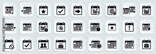 Calendar and date picker icon set. Vector pictograms of schedule, reminder, event, timeline, deadline, planning and organization illustration