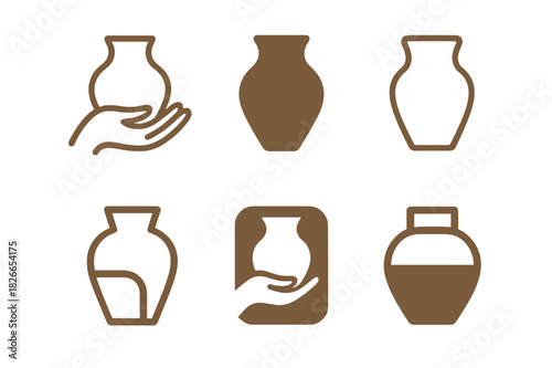 Handmade Crafts Logos. Creating and selling handmade crafts. Icon set. Set Logo of handmade crafts: pottery and ceramics. harmonious logo variations of the