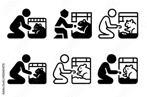 Hamster Care Logos. Feeding a hamster in its cage. Icon set. Set Logo of hamster care: owner-pet interaction moment. harmonious logo variations of the same