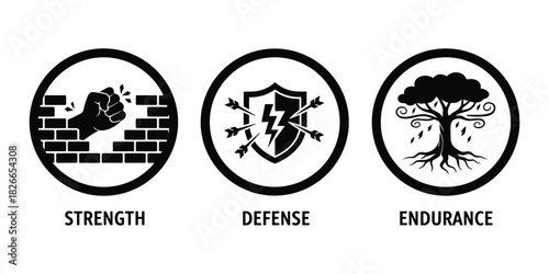 Strength, defense, and endurance icons depicted in black and white circles, representing core attributes
