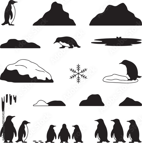 Antarctic landscape with penguins icebergs and snowflake vector illustration design