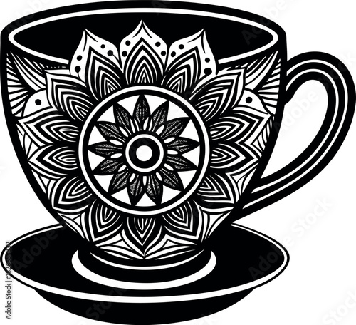 Decorative Coffee Cup Mandala Illustration, Ornamental Mug Art for Cafe Branding, Wall Decor, Relaxation, Yoga, and Mindfulness Design
