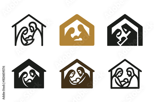 Harmonious Nativity Logos. Nativity scene. Icon set. Set Logo of nativity scene: Holy family under stable roof. harmonious logo variations of the