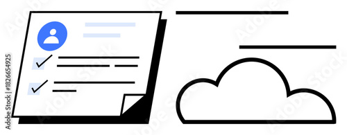 Document with user profile, checkmarks, and a cloud representing digital workflows, data storage, and online access. Ideal for technology, productivity, organization, business data sharing