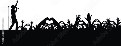 Concert silhouette illustration, performer on stage vector, crowd cheering clipart, live music graphic, black and white design
