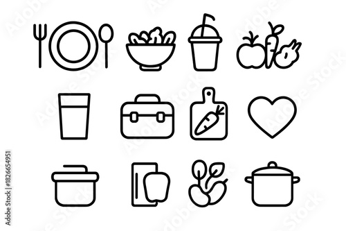 Healthy Meal Icons. Healthy family meals. Line icon set of healthy family meals: plate, fork, spoon, salad bowl, smoothie cup, fruit, vegetables, water glass,