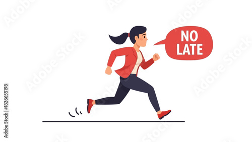 Woman running to avoid being late, with a speech bubble exclaiming 'NO LATE!'