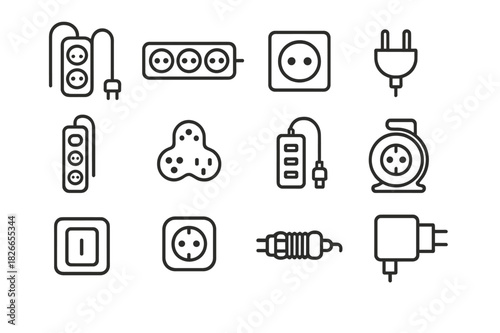 Home Power Icons. Home power solutions. Line icon set of home power solutions: extension cord, power strip, wall socket, plug, surge protector, multi-outlet