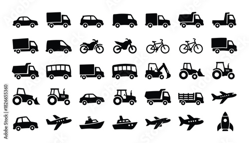 Transportation vehicles flat icon set with various types of cars, trucks, motorcycles, and airplanes