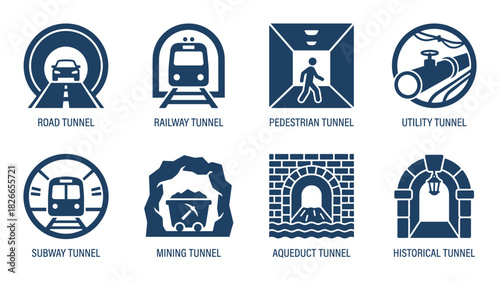 Tunnel icon set road railway pedestrian utility subway mining aqueduct historical underground passage sign