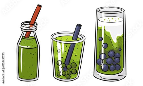 set of three healthy green drinks made from matcha. smoothie in bottle with straw, tapioca tea, and fruit cocktail. colorized with black outline. Perfect for juice bar menus, fitness content
