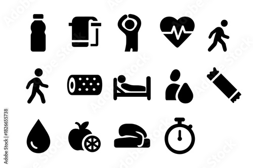 Hydration Recovery Icons. Hydration and recovery. Solid icon set of Hydration and recovery: water bottle, towel, stretching arms, heart rate, cooling down,