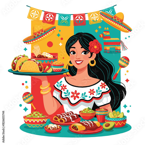 Mexican Fiesta Woman Serving Tacos and Traditional Food